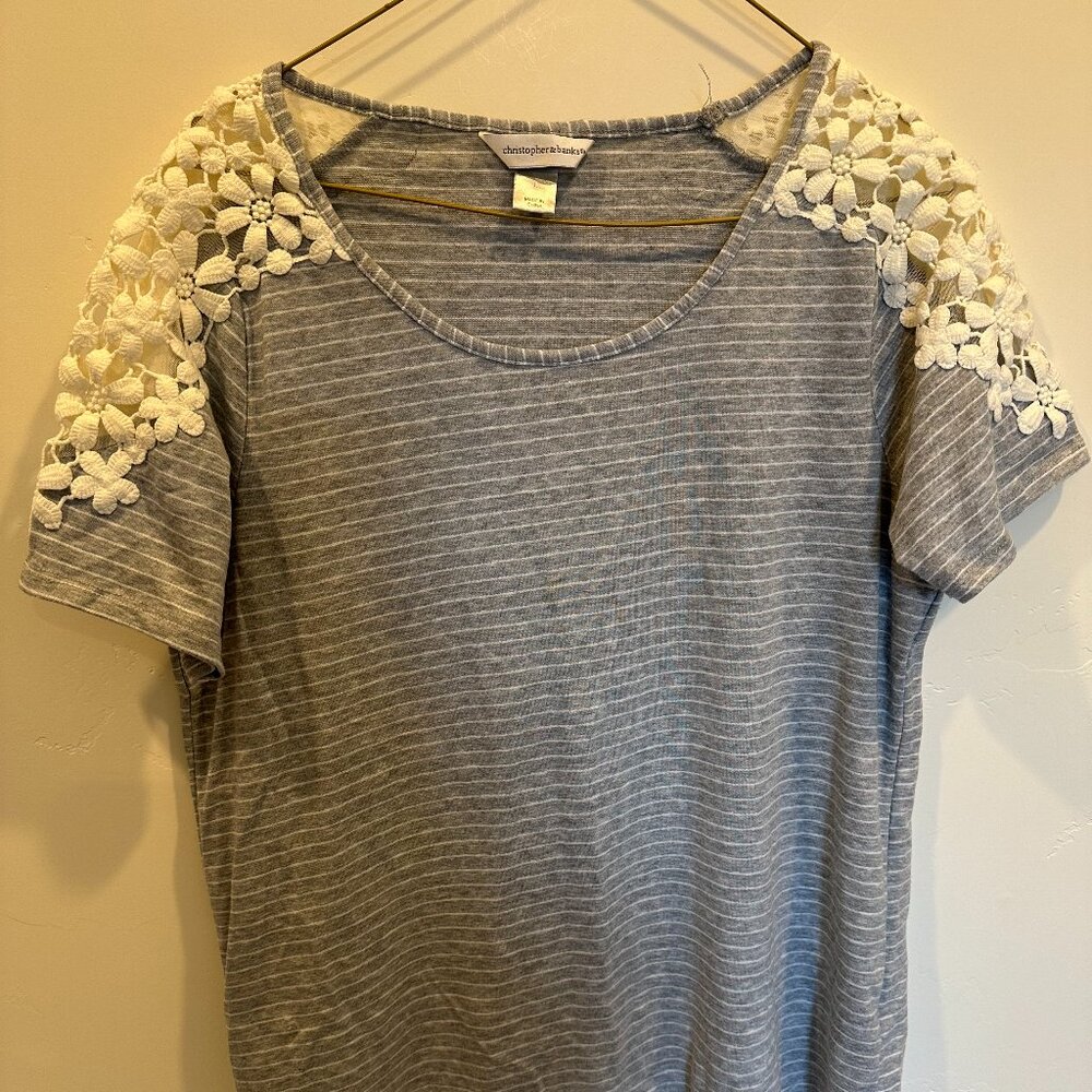 Christopher & Banks Gray & White Stripe T Shirt with Lace Detail Sleeves Size L
